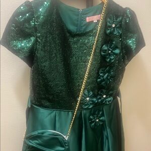 Pink Butterfly Brand Big Girls Green Sequin Puff Sleeve A-line Dress Size 14
